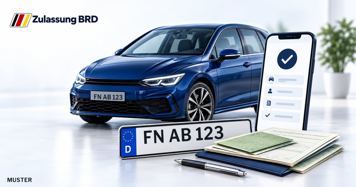 Online Fahrzeugzulassung in Tettnang: Musterkennzeichen FN AB 123, Auto und Fahrzeugpapiere und Smartphone. Illustration mit Logo von Zulassung BRD.